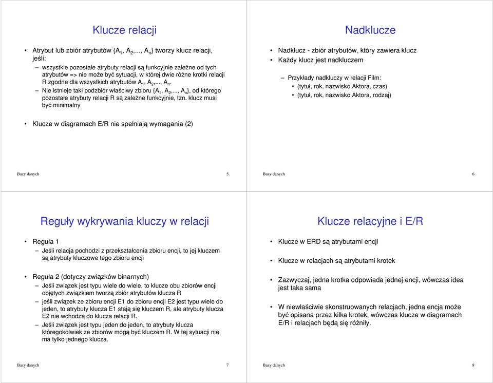 klucz musi byü minimalny Nadklucze Nadklucz - zbiór atrybutów, który zawiera klucz Ka*dy klucz jest nadkluczem Przykáady nadkluczy w relacji Film: (tytuá, rok, nazwisko Aktora, czas) (tytuá, rok,