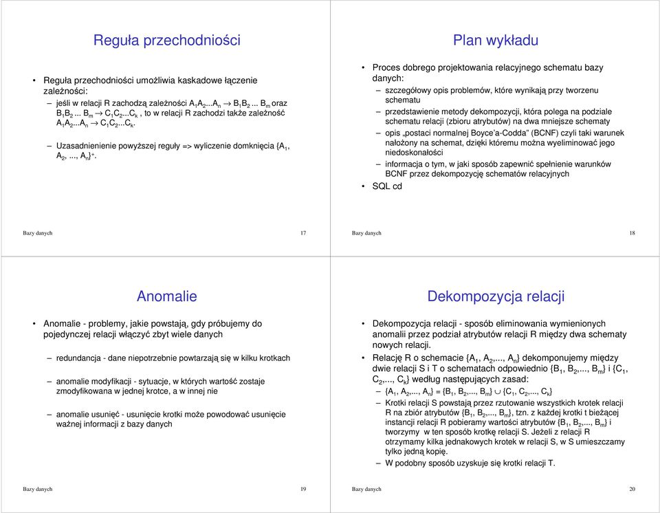 Plan wykáadu Proces dobrego projektowania relacyjnego schematu bazy danych: szczegóáowy opis problemów, które wynikaj przy tworzenu schematu przedstawienie metody dekompozycji, która polega na