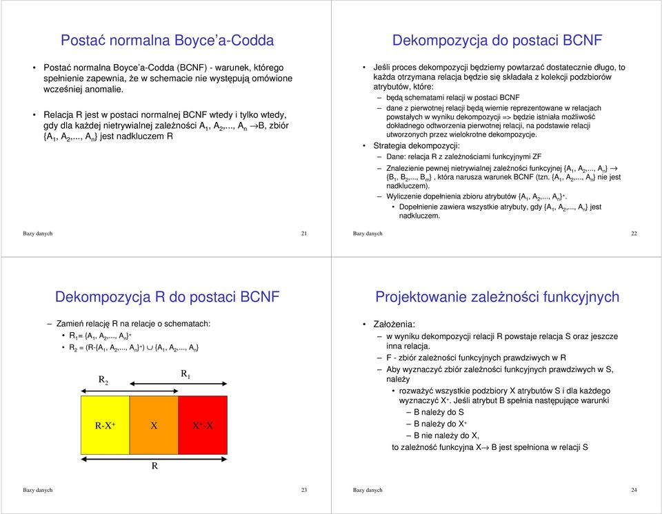 dáugo, to ka*da otrzymana relacja bdzie si skáadaáa z kolekcji podzbiorów atrybutów, które: bd schematami relacji w postaci BCNF dane z pierwotnej relacji bd wiernie reprezentowane w relacjach