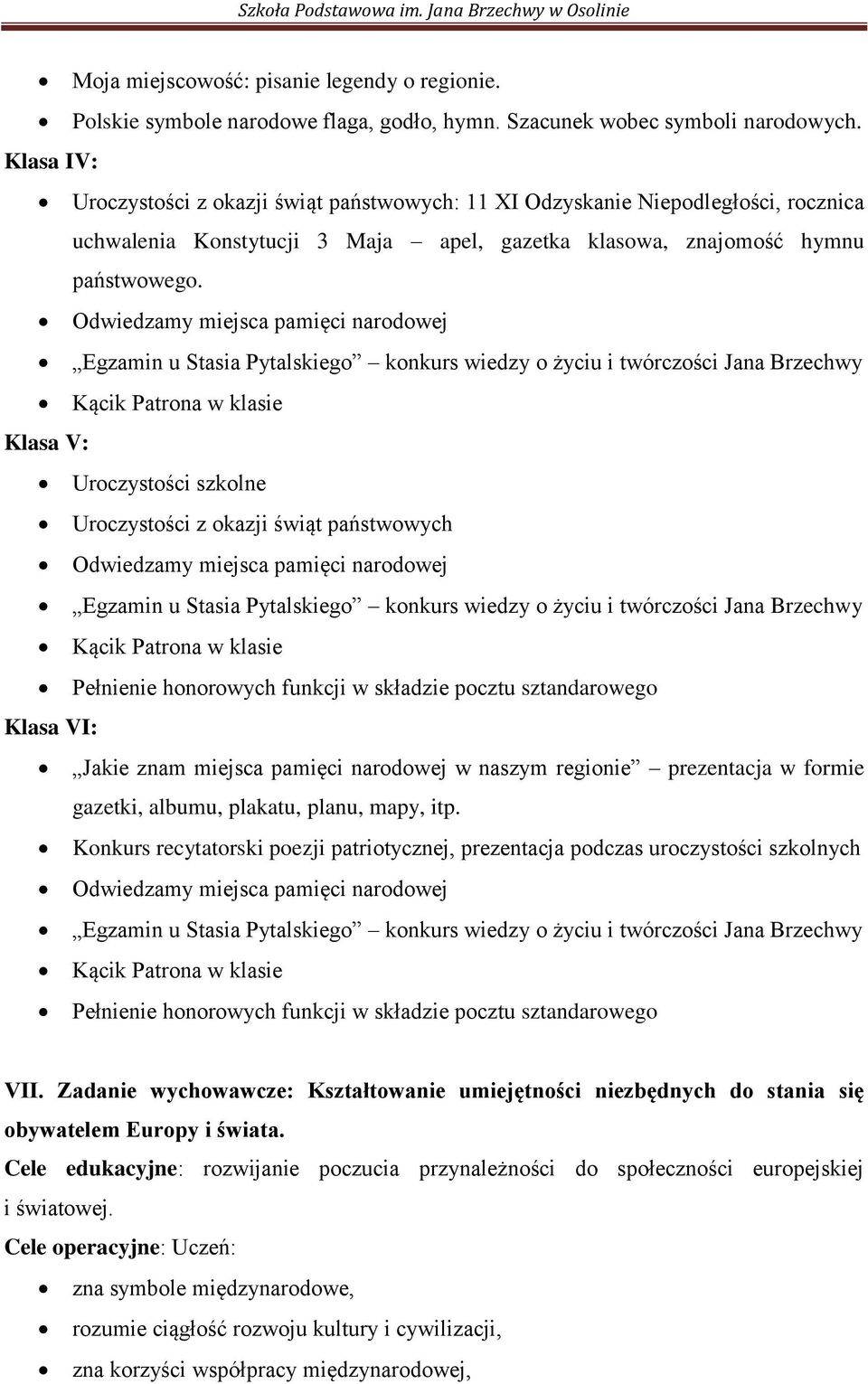 Odwiedzamy miejsca pamięci narodowej Egzamin u Stasia Pytalskiego konkurs wiedzy o życiu i twórczości Jana Brzechwy Kącik Patrona w klasie Klasa V: Uroczystości szkolne Uroczystości z okazji świąt