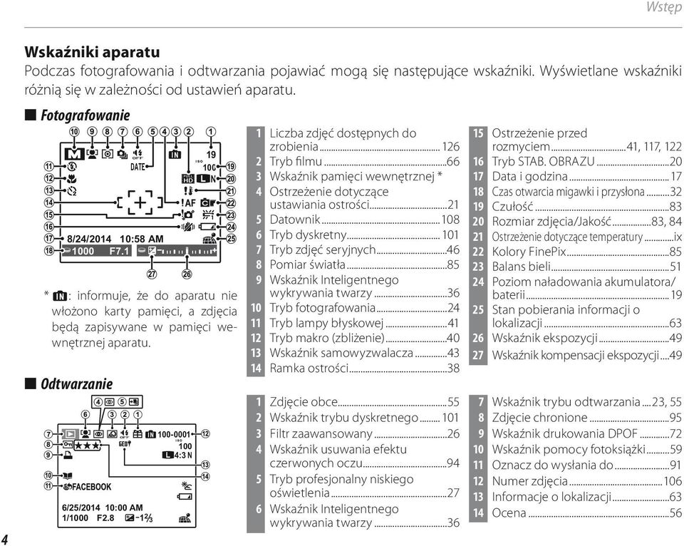 Odtwarzanie 6/25/204 0:00 AM /000 F2.8 2 3 00-000 00 4:3 N Liczba zdjęć dostępnych do zrobienia... 26 2 Tryb filmu...66 3 Wskaźnik pamięci wewnętrznej * 4 Ostrzeżenie dotyczące ustawiania ostrości.
