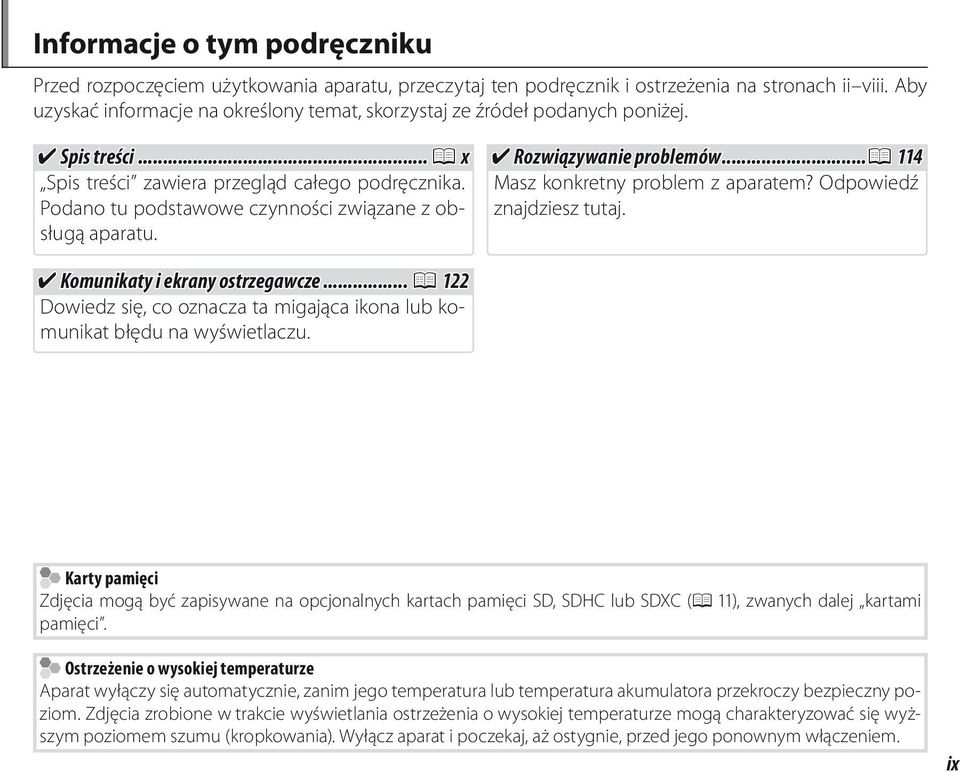 Podano tu podstawowe czynności związane z obsługą aparatu. Rozwiązywanie problemów...p 4 Masz konkretny problem z aparatem? Odpowiedź znajdziesz tutaj. Komunikaty i ekrany ostrzegawcze.