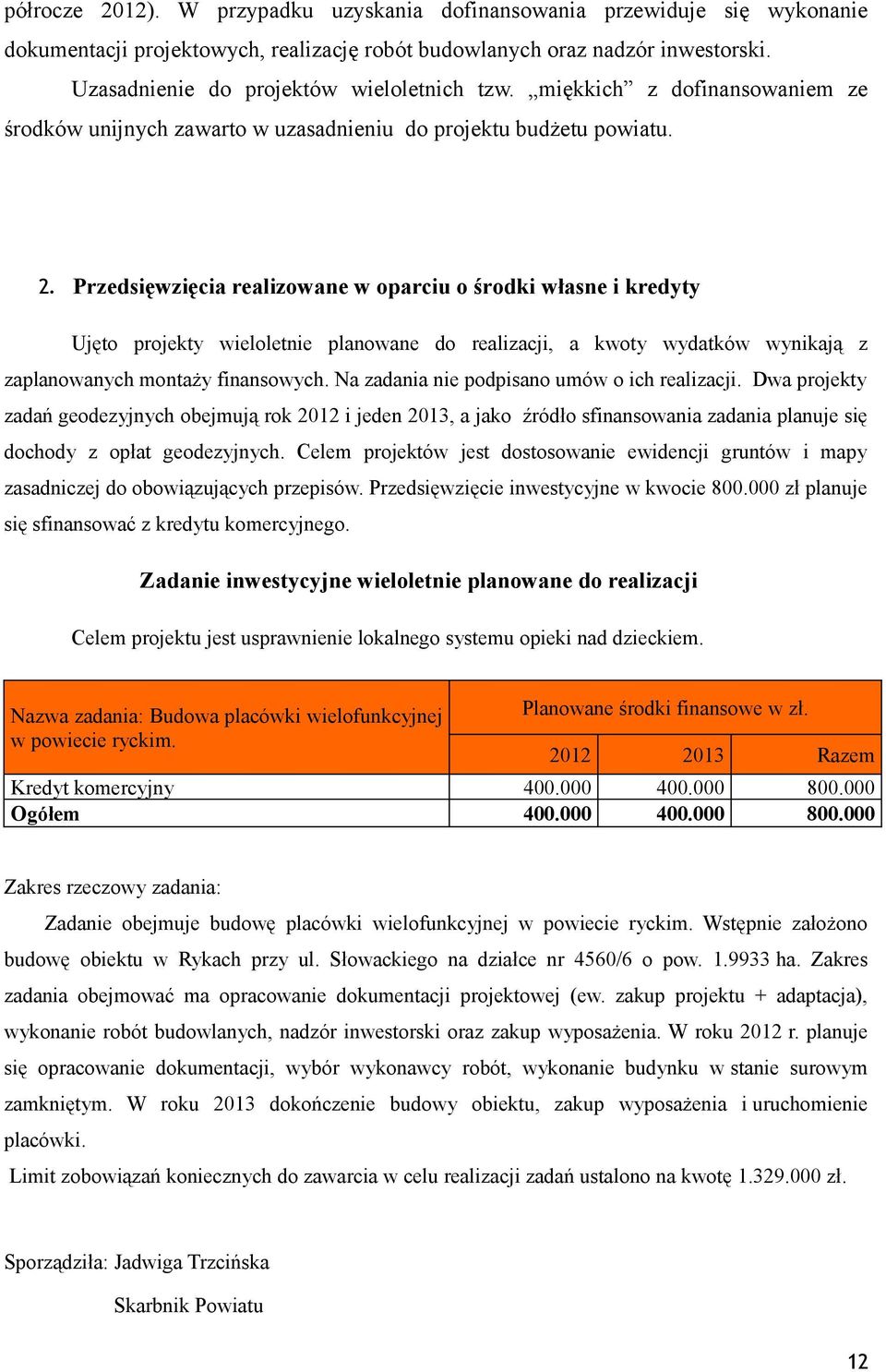 Przedsięwzięcia realizowane w oparciu o środki własne i kredyty Ujęto projekty wieloletnie planowane do realizacji, a kwoty wydatków wynikają z zaplanowanych montaży finansowych.