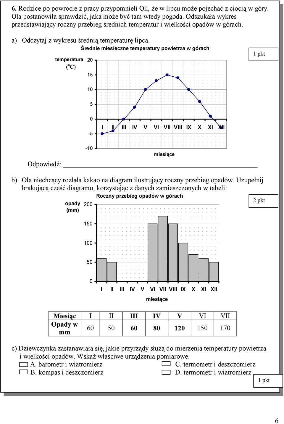 Średnie miesięczne temperatury powietrza w górach temperatura ( o C) 20 15 10 5 0-5 I II III IV V VI VII VIII IX X XI XII -10 miesiące Odpowiedź: b) Ola niechcący rozlała kakao na diagram ilustrujący
