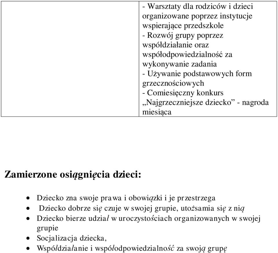 nagroda miesica Zamierzone osignicia dzieci: Dziecko zna swoje prawa i obowizki i je przestrzega Dziecko dobrze si czuje w swojej grupie,