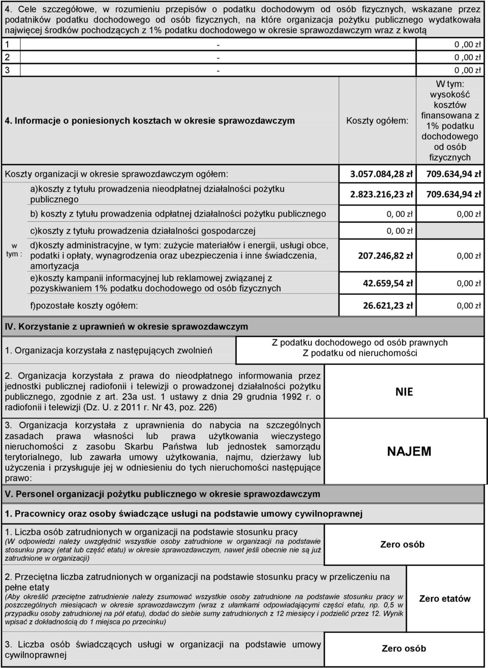 Informacje o poniesionych kosztach okresie Koszty ogółem: W ysokość kosztó finansoana z 1% podatku dochodoego od osób fizycznych Koszty organizacji okresie ogółem: 3.057.084,28 zł 709.