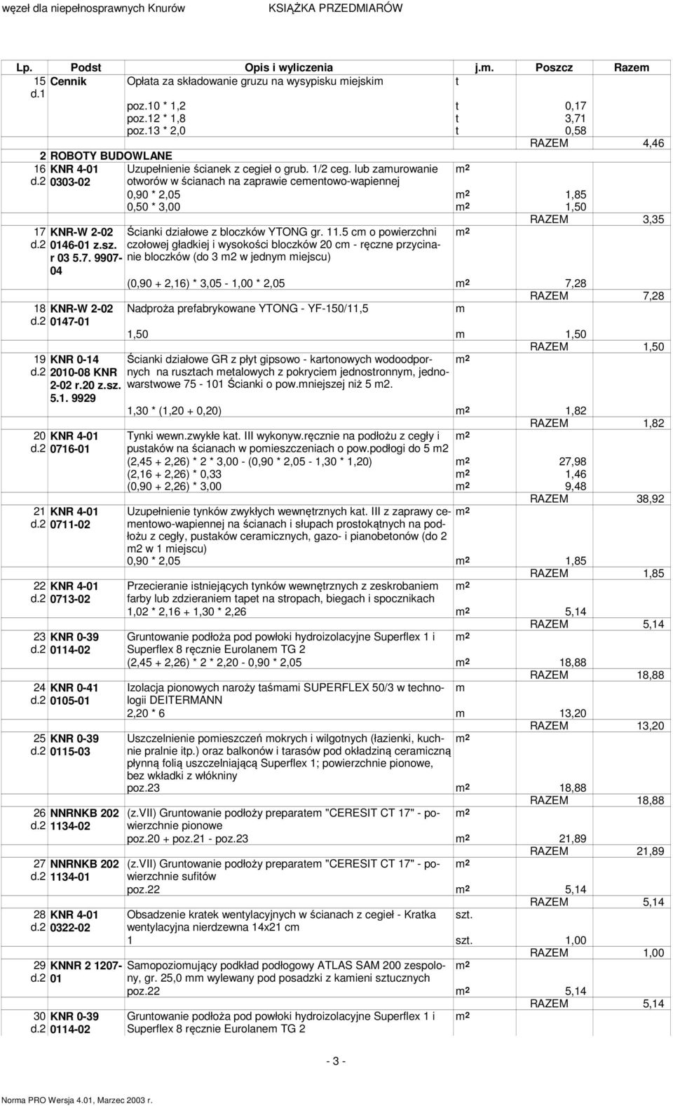 2 0,90 * 2,05 1,85 0,50 * 3,00 1,50 17 KNR-W 2-02 Ścianki działowe z bloczków YTONG gr. 11.5 c o powierzchni d.2 0146-01 z.sz.