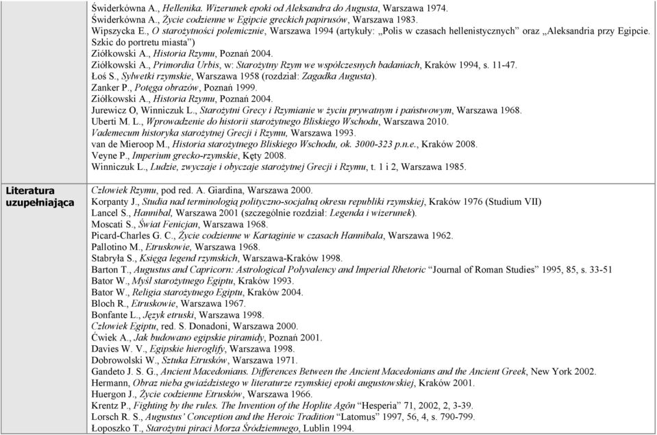 Ziółkowski A., Primordia Urbis, w: Starożytny Rzym we współczesnych badaniach, Kraków 1994, s. 11-47. Łoś S., Sylwetki rzymskie, Warszawa 1958 (rozdział: Zagadka Augusta). Zanker P.