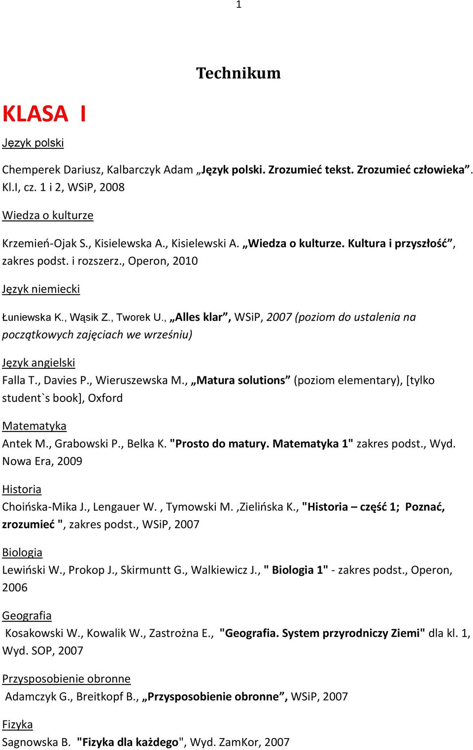 , Alles klar, WSiP, 2007 (poziom do ustalenia na początkowych zajęciach we wrześniu) Język angielski Falla T., Davies P., Wieruszewska M.