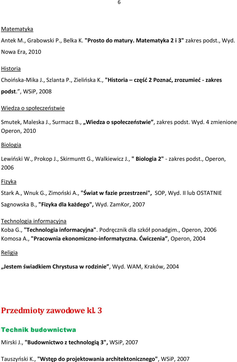 4 zmienione Operon, 2010 Biologia Lewioski W., Prokop J., Skirmuntt G., Walkiewicz J., " Biologia 2" - zakres podst., Operon, 2006 Fizyka Stark A., Wnuk G., Zimooski A.