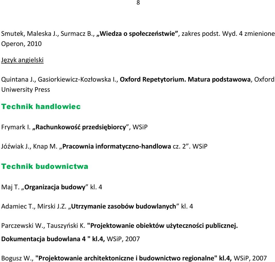 Pracownia informatyczno-handlowa cz. 2. WSiP Technik budownictwa Maj T. Organizacja budowy kl. 4 Adamiec T., Mirski J.Z. Utrzymanie zasobów budowlanych kl.