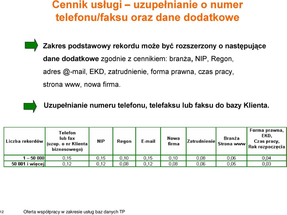 cennikiem: branża, NIP, Regon, adres @-mail, EKD, zatrudnienie, forma prawna, czas