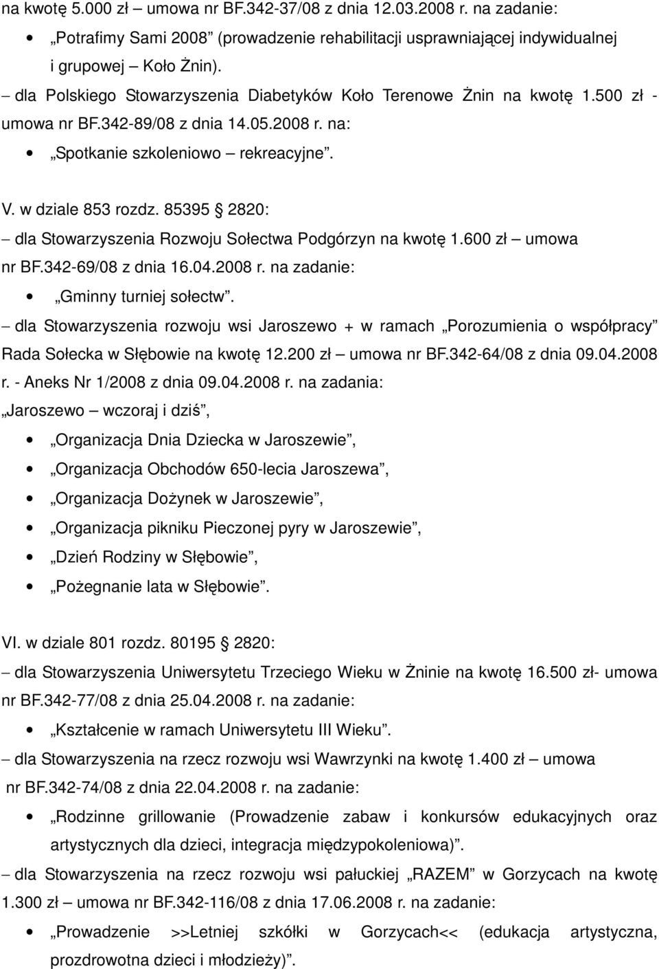 85395 2820: dla Stowarzyszenia Rozwoju Sołectwa Podgórzyn na kwotę 1.600 zł umowa nr BF.342-69/08 z dnia 16.04.2008 r. na zadanie: Gminny turniej sołectw.