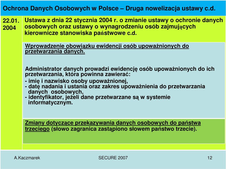 Administrator danych prowadzi ewidencję osób upoważnionych do ich przetwarzania, która powinna zawierać: - imię i nazwisko osoby upoważnionej, - datę nadania i ustania oraz zakres upoważnienia do