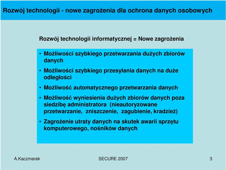 przetwarzania danych Możliwość wyniesienia dużych zbiorów danych poza siedzibę administratora (nieautoryzowane przetwarzanie,