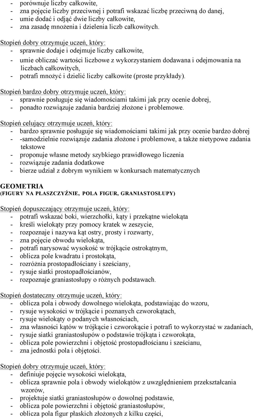 Stopień dobry otrzymuje uczeń, który: - sprawnie dodaje i odejmuje liczby całkowite, - umie obliczać wartości liczbowe z wykorzystaniem dodawana i odejmowania na liczbach całkowitych, - potrafi