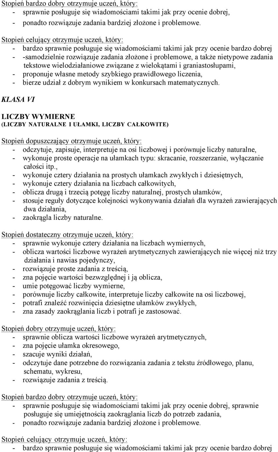 związane z wielokątami i graniastosłupami, - proponuje własne metody szybkiego prawidłowego liczenia, KLASA VI LICZBY WYMIERNE (LICZBY NATURALNE I UŁAMKI, LICZBY CAŁKOWITE) - odczytuje, zapisuje,