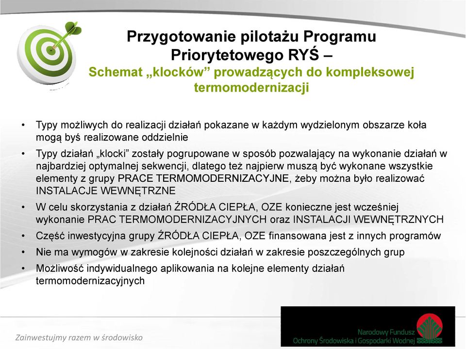 TERMOMODERNIZACYJNE, żeby można było realizować INSTALACJE WEWNĘTRZNE W celu skorzystania z działań ŹRÓDŁA CIEPŁA, OZE konieczne jest wcześniej wykonanie PRAC TERMOMODERNIZACYJNYCH oraz INSTALACJI