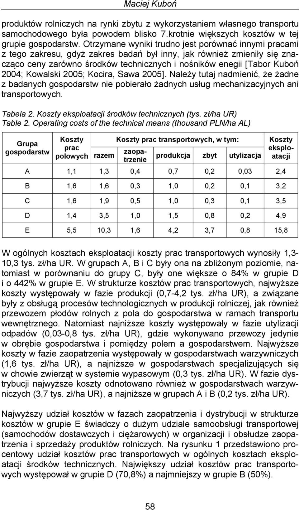 2004; Kowalski 2005; Kocira, Sawa 2005]. Należy tutaj nadmienić, że żadne z badanych gospodarstw nie pobierało żadnych usług mechanizacyjnych ani transportowych. Tabela 2.