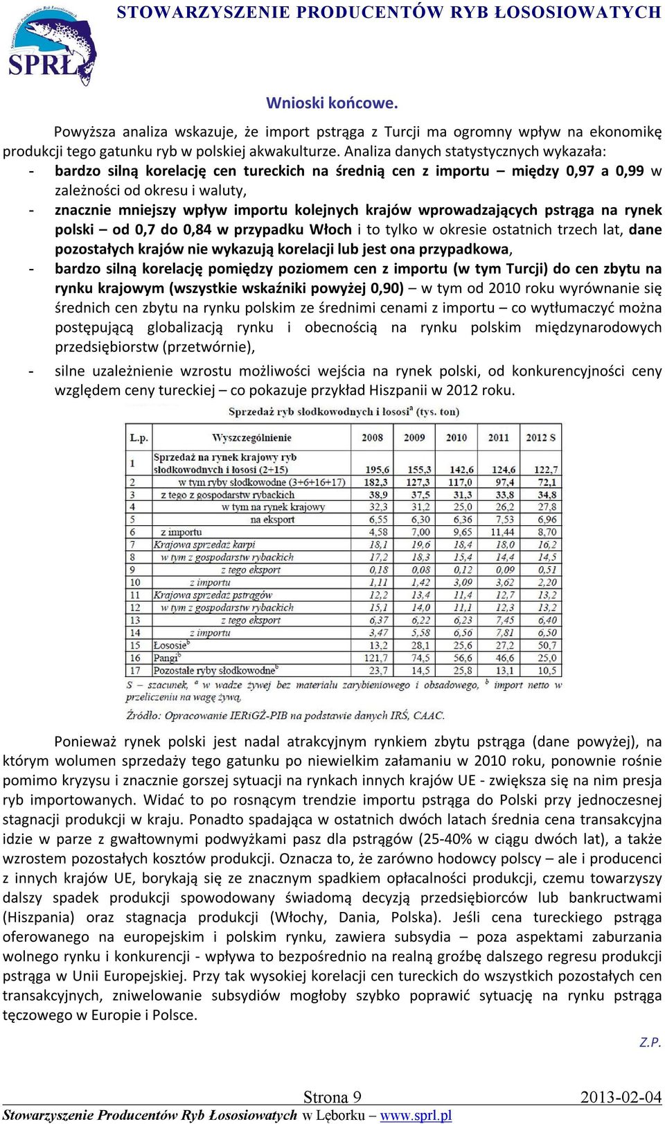 krajów wprowadzających pstrąga na rynek polski od 0,7 do 0,84 w przypadku Włoch i to tylko w okresie ostatnich trzech lat, dane pozostałych krajów nie wykazują korelacji lub jest ona przypadkowa, -