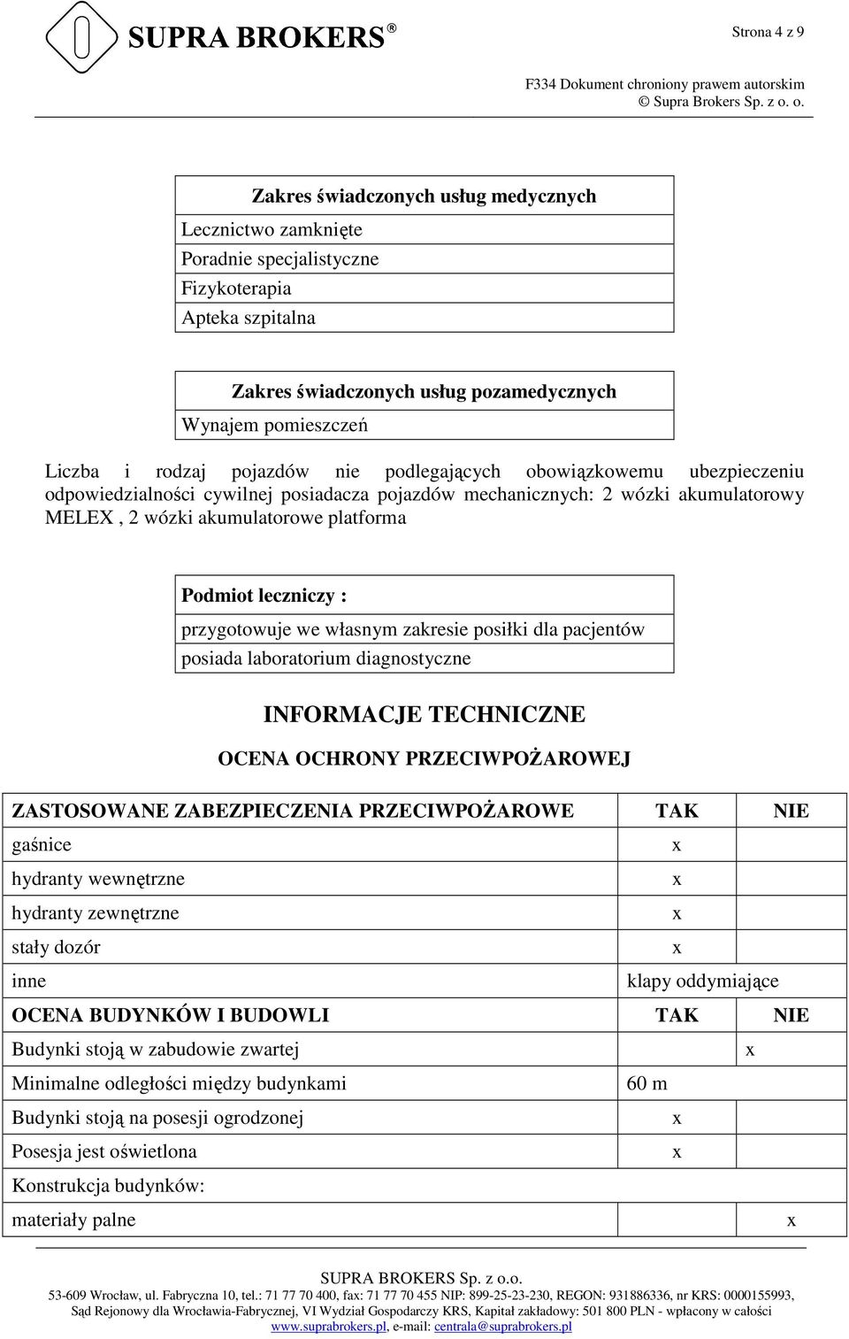 leczniczy : przygotowuje we własnym zakresie posiłki dla pacjentów posiada laboratorium diagnostyczne INFORMACJE TECHNICZNE OCENA OCHRONY PRZECIWPOśAROWEJ ZASTOSOWANE ZABEZPIECZENIA PRZECIWPOśAROWE