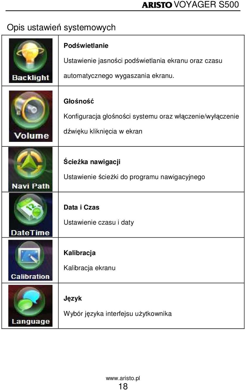 Głośność Konfiguracja głośności systemu oraz włączenie/wyłączenie dźwięku kliknięcia w ekran