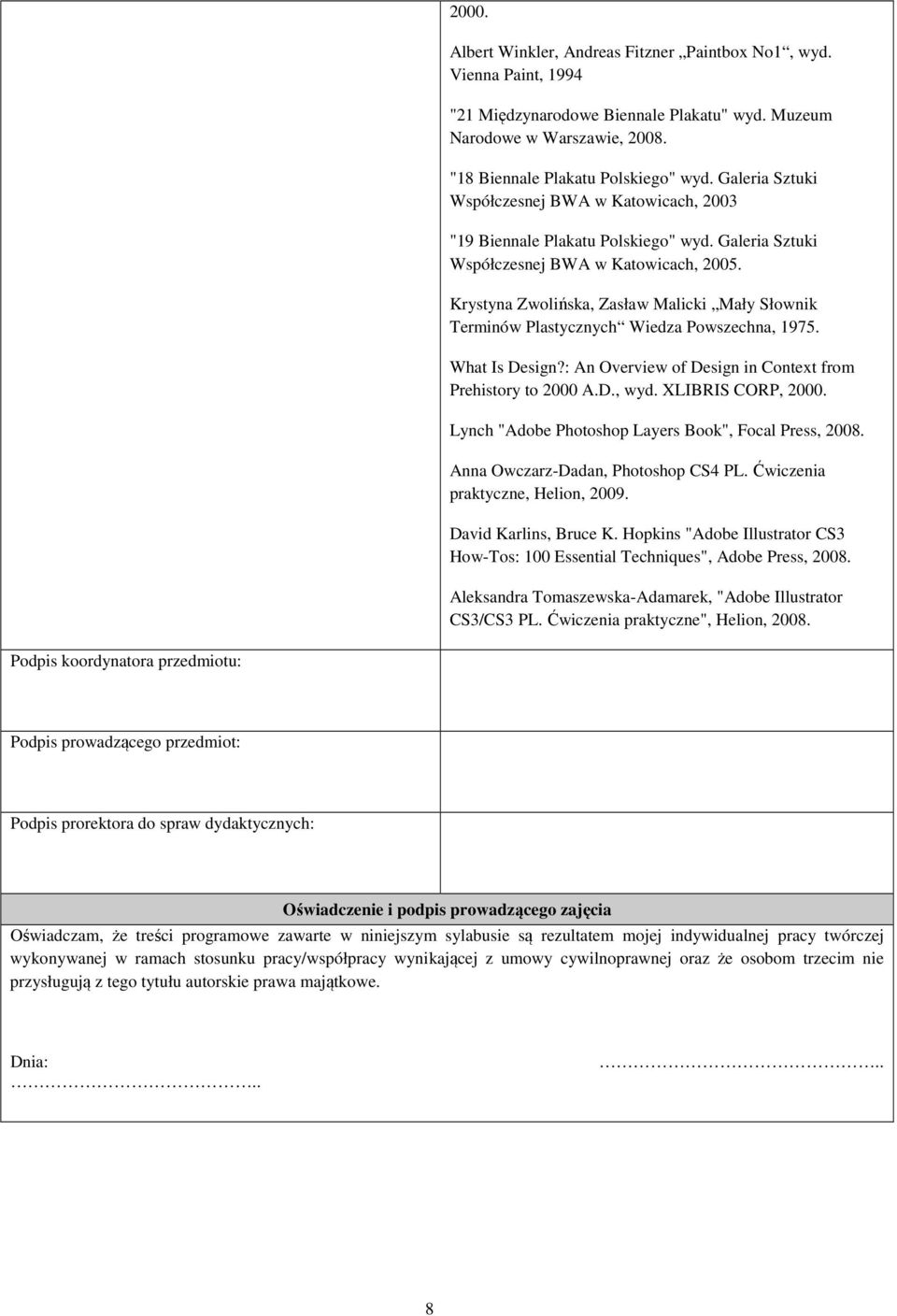 Krystyna Zwolińska, Zasław Malicki Mały Słownik Terminów Plastycznych Wiedza Powszechna, 1975. What Is Design?: An Overview of Design in Context from Prehistory to 2000 A.D., wyd. XLIBRIS CORP, 2000.