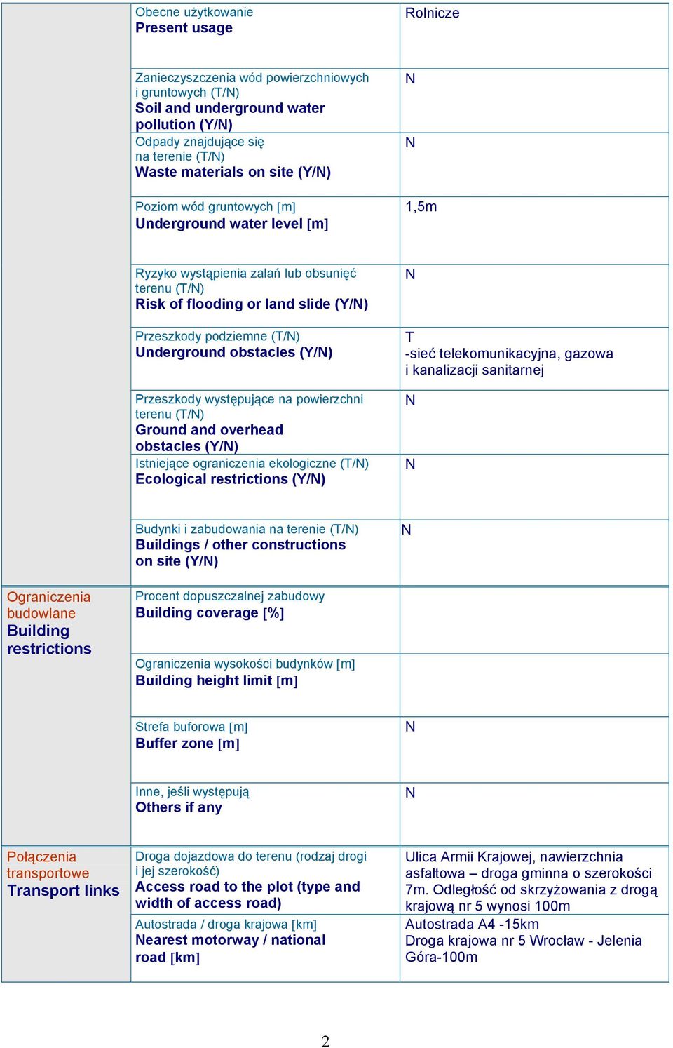 obstacles (Y/) Przeszkody występujące na powierzchni terenu (T/) Ground and overhead obstacles (Y/) Istniejące ograniczenia ekologiczne (T/) Ecological restrictions (Y/) T -sieć telekomunikacyjna,