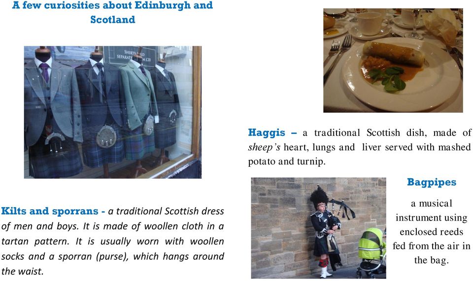 Bagpipes Kilts and sporrans - a traditional Scottish dress of men and boys.