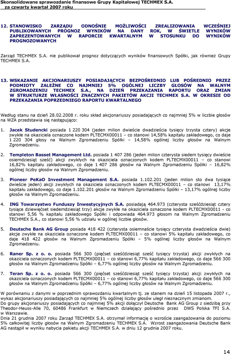 WSKAZANIE AKCJONARIUSZY POSIADAJĄCYCH BEZPOŚREDNIO LUB POŚREDNIO PRZEZ PODMIOTY ZALEŻNE CO NAJMNIEJ 5% OGÓLNEJ LICZBY GŁOSÓW NA WALNYM ZGROMADZENIU TECHMEX S.A., NA DZIEŃ PRZEKAZANIA RAPORTU ORAZ ZMIAN W STRUKTURZE WŁASNOŚCI ZNACZNYCH PAKIETÓW AKCJI TECHMEX S.
