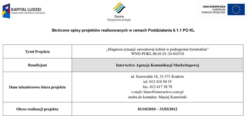 01-24-043/10 InterActive Agencja Komunikacji Marketingowej ul. Szenwalda 18, 31-571 Kraków tel.