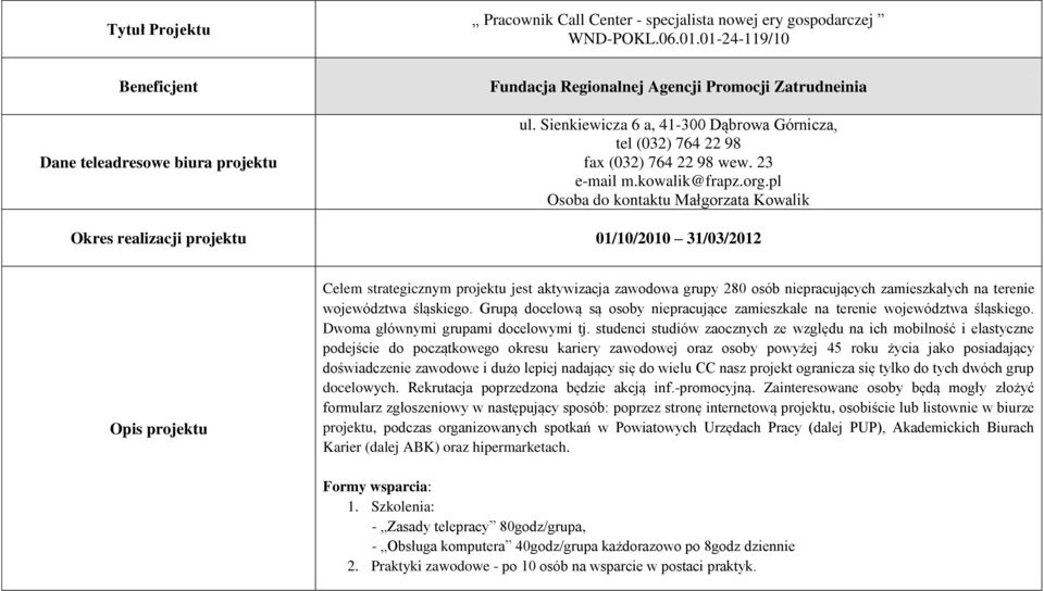 pl Osoba do kontaktu Małgorzata Kowalik Okres realizacji projektu 01/10/2010 31/03/2012 Celem strategicznym projektu jest aktywizacja zawodowa grupy 280 osób niepracujących zamieszkałych na terenie