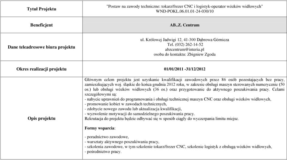 pl osoba do kontaktu: Zbigniew Zgoda Okres realizacji projektu 01/01/2011-31/12/2012 Głównym celem projektu jest uzyskanie kwalifikacji zawodowych przez 86 osób pozostających bez pracy,