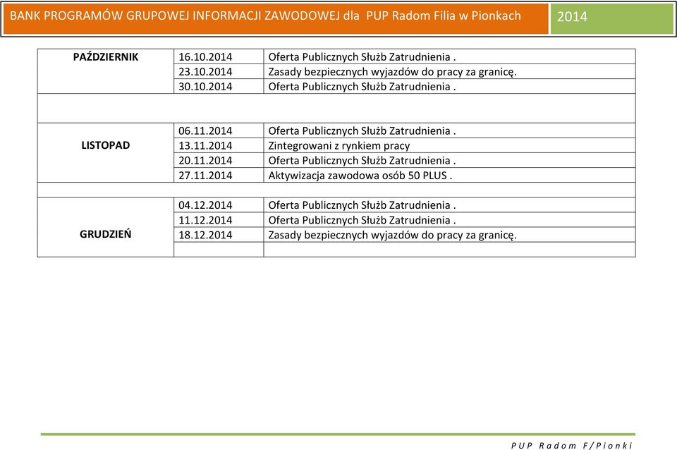 11.2014 Aktywizacja zawodowa osób 50 PLUS. 04.12.2014 Oferta Publicznych Służb Zatrudnienia. 11.12.2014 Oferta Publicznych Służb Zatrudnienia. 18.
