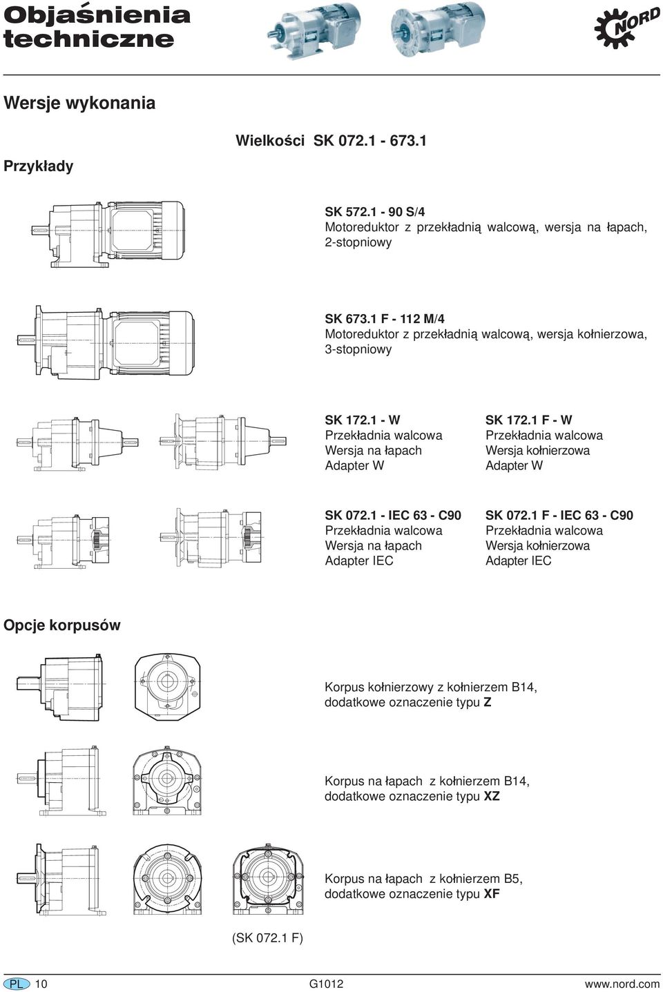 1 F - W Przekładnia walcowa Wersja kołnierzowa Adapter W SK 072.1 - IEC 63 - C90 Przekładnia walcowa Wersja na łapach Adapter IEC SK 072.