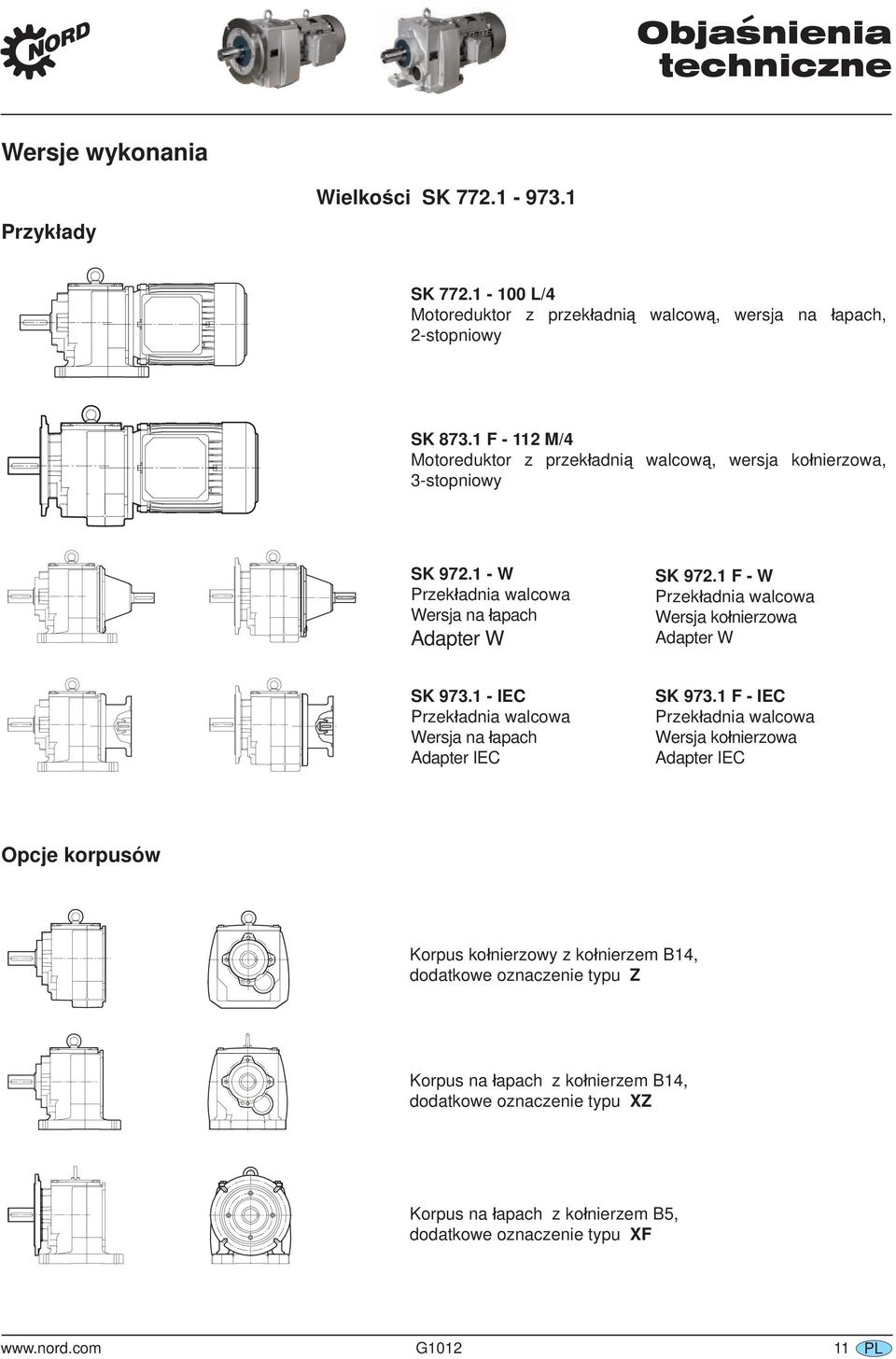 1 F - W Przekładnia walcowa Wersja kołnierzowa Adapter W SK 973.1 - IEC Przekładnia walcowa Wersja na łapach Adapter IEC SK 973.