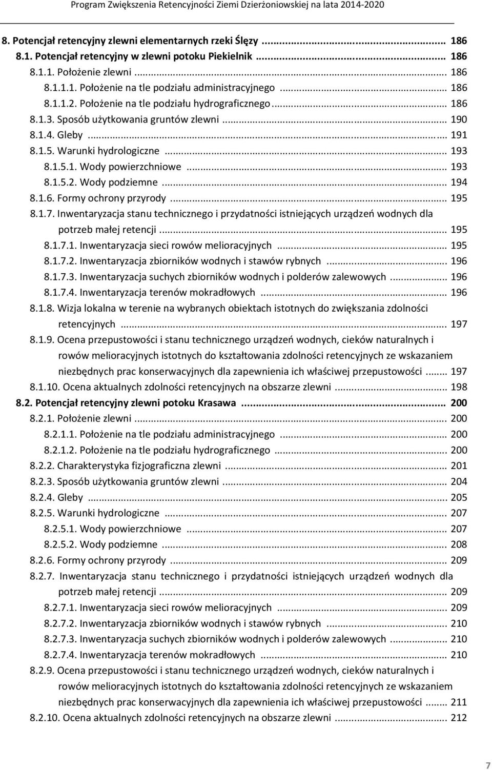 .. 193 8.1.5.2. Wody podziemne... 194 8.1.6. Formy ochrony przyrody... 195 8.1.7. Inwentaryzacja stanu technicznego i przydatności istniejących urządzeń wodnych dla potrzeb małej retencji... 195 8.1.7.1. Inwentaryzacja sieci rowów melioracyjnych.