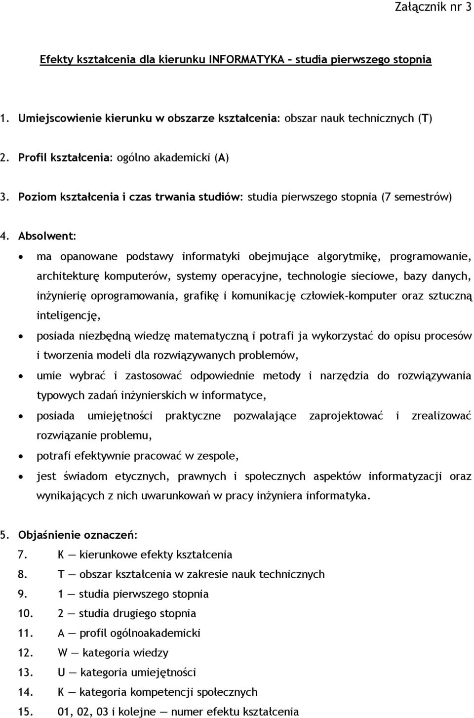 Absolwent: ma opanowane podstawy informatyki obejmujące algorytmikę, programowanie, architekturę komputerów, systemy operacyjne, technologie sieciowe, bazy danych, inżynierię oprogramowania, grafikę