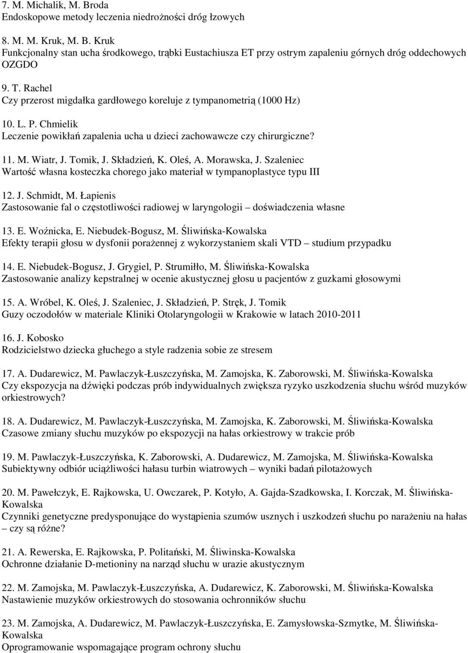 Składzień, K. Oleś, A. Morawska, J. Szaleniec Wartość własna kosteczka chorego jako materiał w tympanoplastyce typu III 12. J. Schmidt, M.