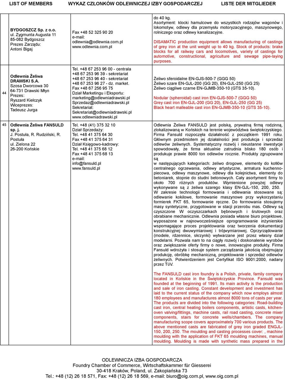 +48 67 253 96 00 - centrala +48 67 253 96 39 - sekretariat +48 67 253 96 40 - sekretariat +48 67 253 96 27 - dz. market. Fax +48 67 256 95 75 Dział Marketingu i Eksportu: marketing@odlewniadrawski.