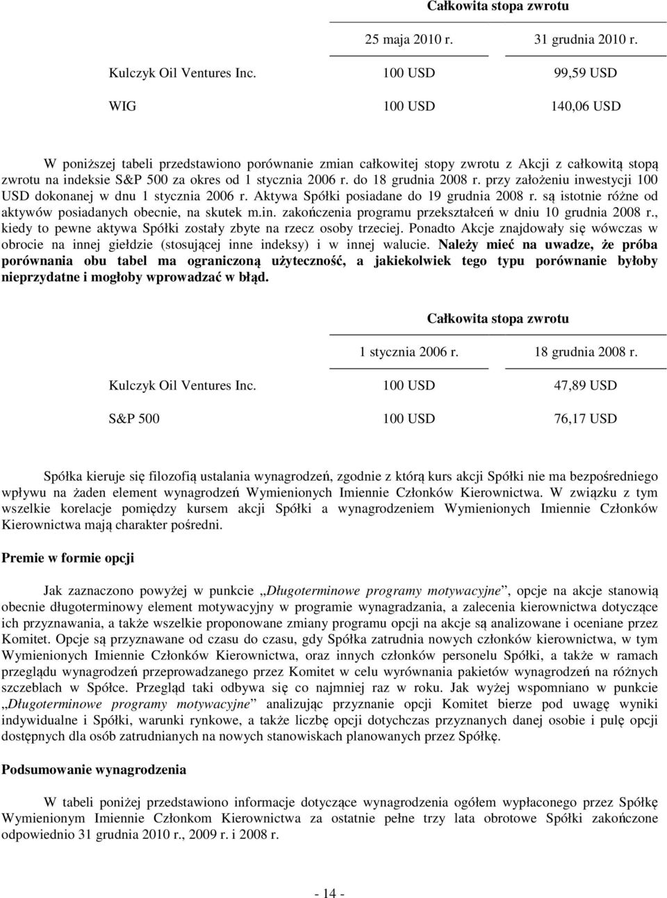 do 18 grudnia 2008 r. przy założeniu inwestycji 100 USD dokonanej w dnu 1 stycznia 2006 r. Aktywa Spółki posiadane do 19 grudnia 2008 r. są istotnie różne od aktywów posiadanych obecnie, na skutek m.