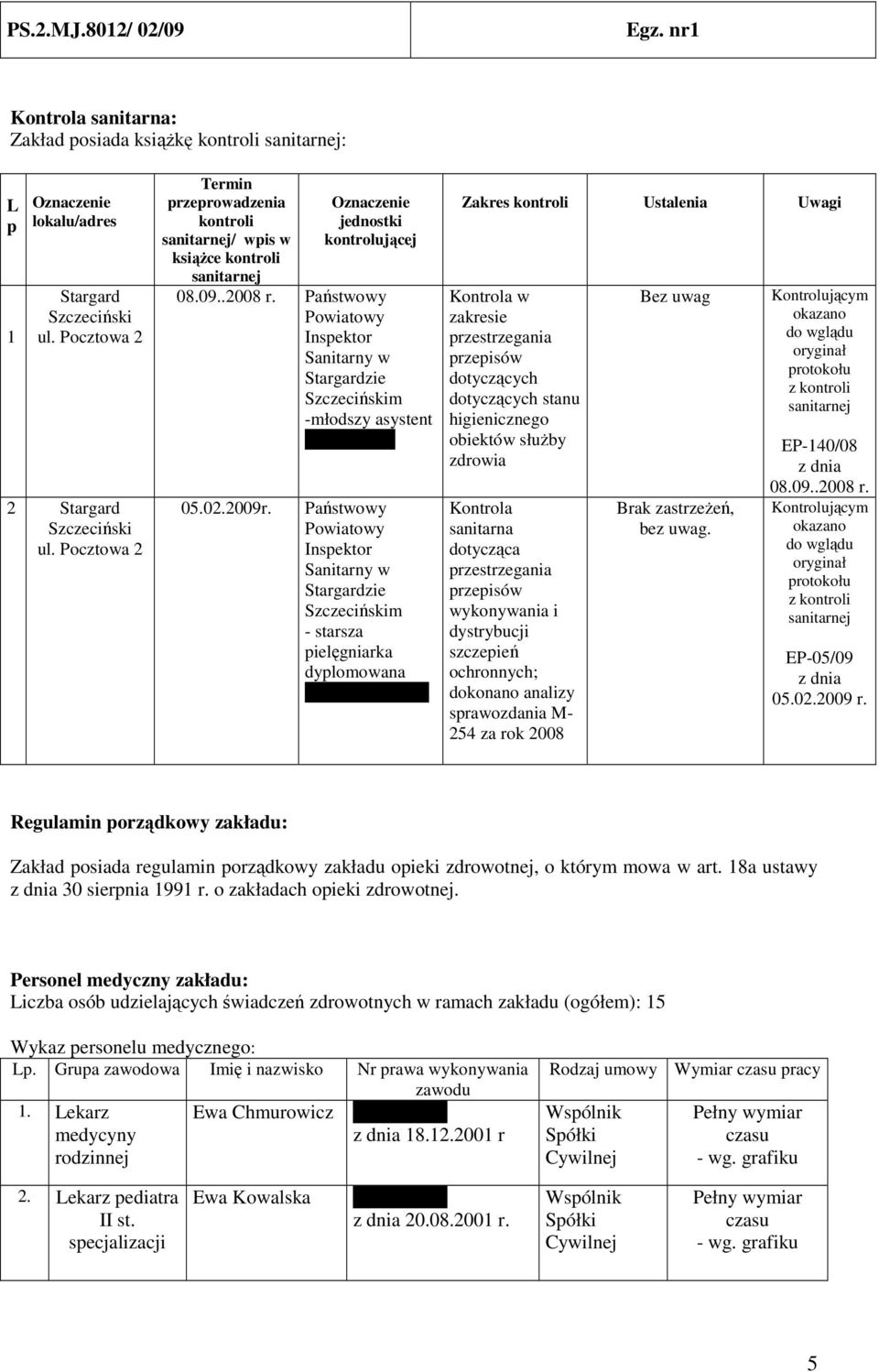 Państwowy Powiatowy Inspektor Sanitarny w Stargardzie Szczecińskim -młodszy asystent Irena Kolasa 05.02.2009r.