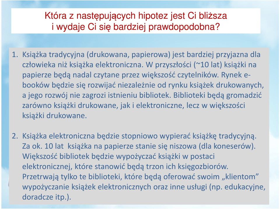 Rynek e- bookówbędzie się rozwijać niezależnie od rynku książek drukowanych, a jego rozwój nie zagrozi istnieniu bibliotek.