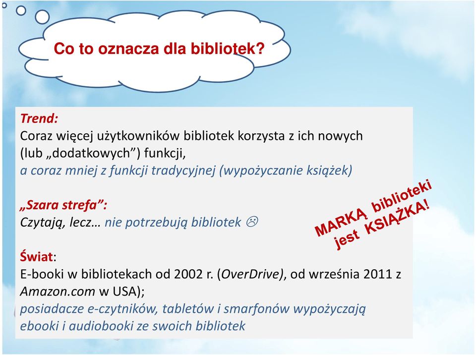 mniej z funkcji tradycyjnej (wypożyczanie książek) Szara strefa : Czytają, lecz nie potrzebują bibliotek