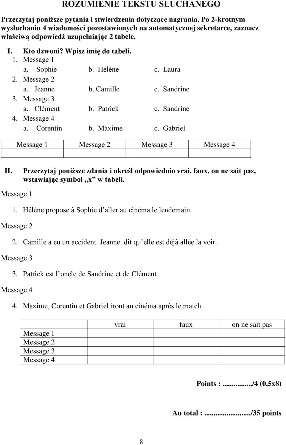 Hélène c. Laura 2. Message 2 a. Jeanne b. Camille c. Sandrine 3. Message 3 a. Clément b. Patrick c. Sandrine 4. Message 4 a. Corentin b. Maxime c. Gabriel Message 1 Message 2 Message 3 Message 4 II.