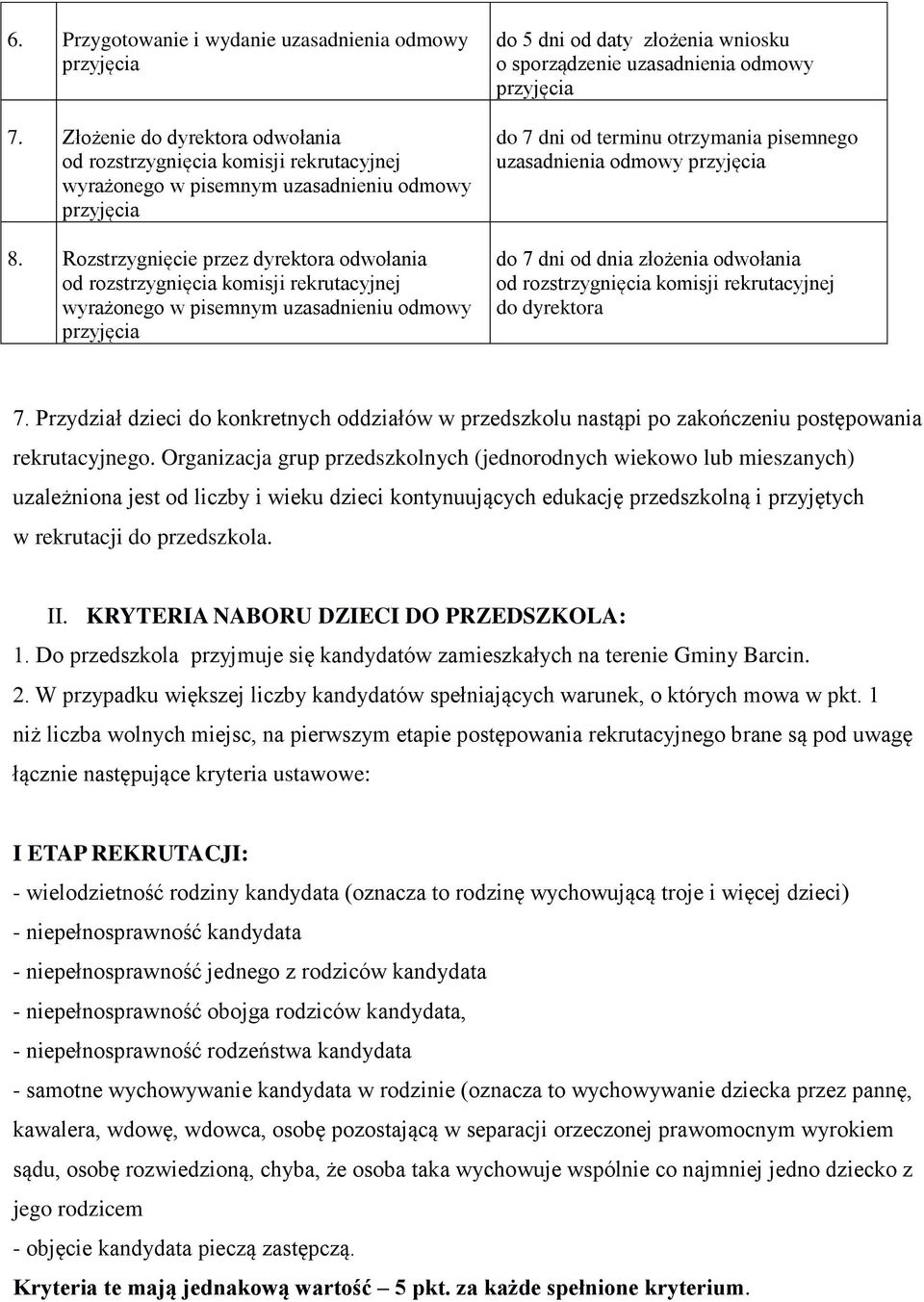 odmowy przyjęcia do 7 dni od terminu otrzymania pisemnego uzasadnienia odmowy przyjęcia do 7 dni od dnia złożenia odwołania od rozstrzygnięcia komisji rekrutacyjnej do dyrektora 7.