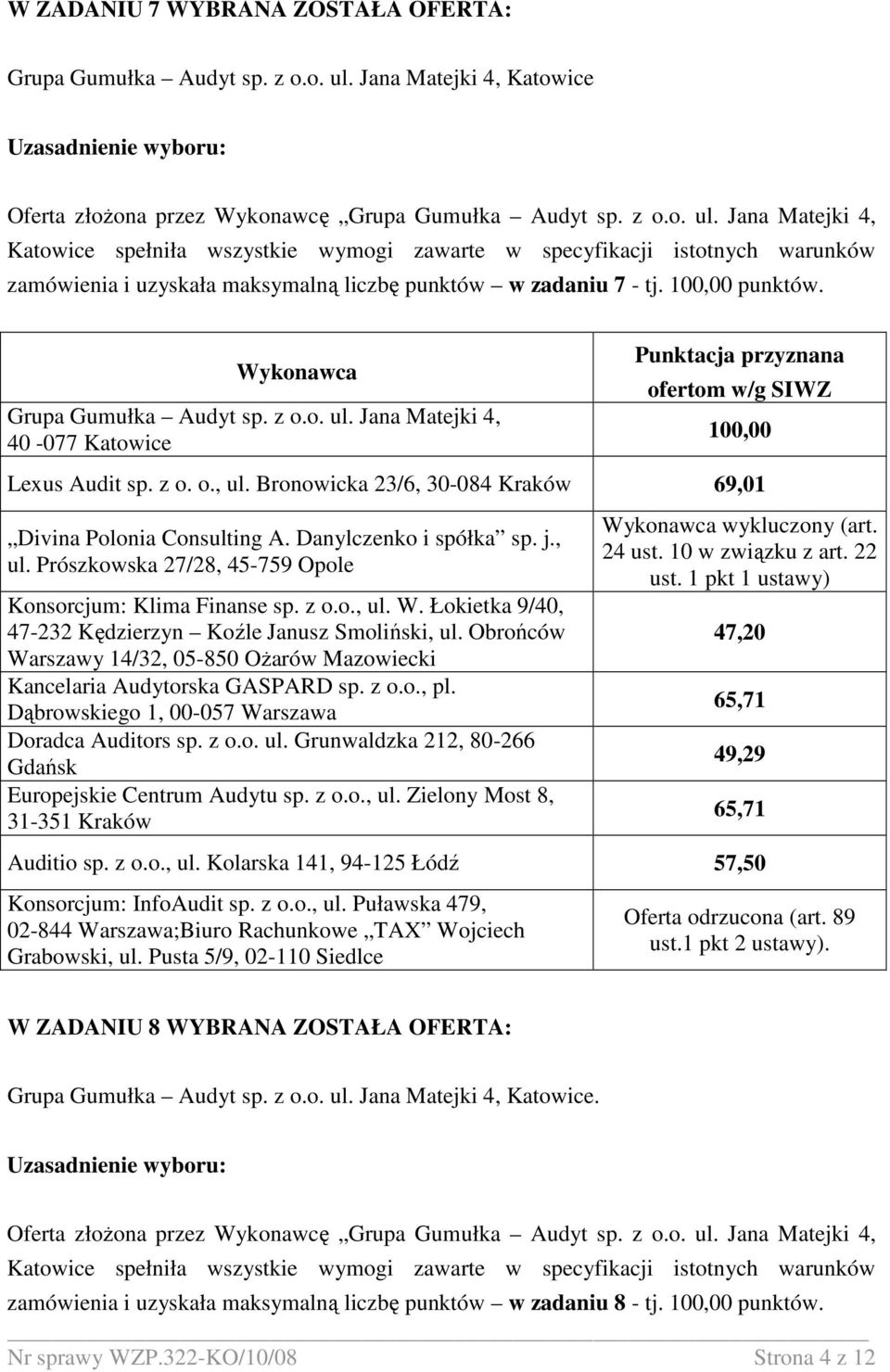 Jana Matejki 4, Katowice spełniła wszystkie wymogi zawarte w specyfikacji istotnych warunków zamówienia i uzyskała maksymalną liczbę punktów w zadaniu 7 - tj. 100,00 punktów.