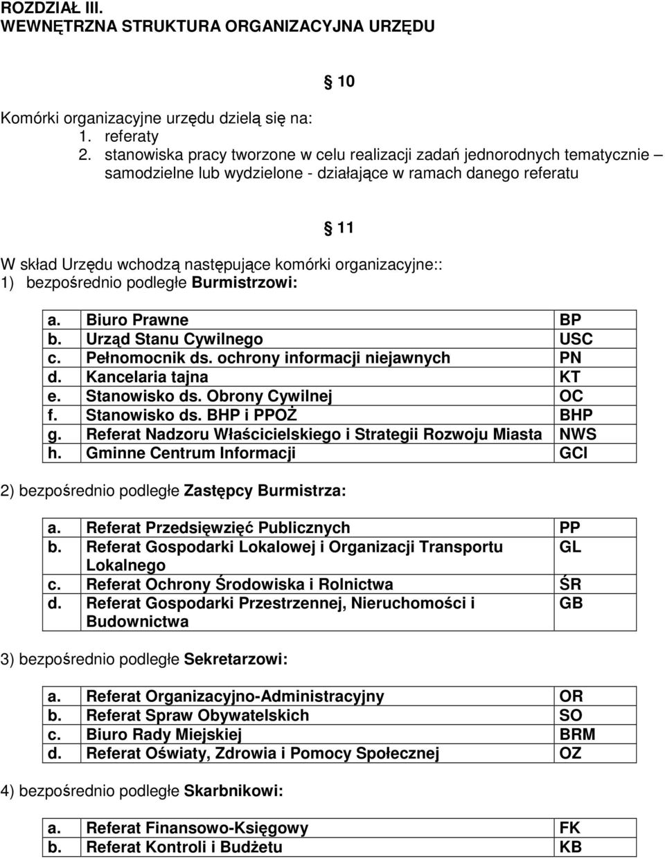 bezporednio podległe Burmistrzowi: a. Biuro Prawne BP b. Urzd Stanu Cywilnego USC c. Pełnomocnik ds. ochrony informacji niejawnych PN d. Kancelaria tajna KT e. Stanowisko ds. Obrony Cywilnej OC f.