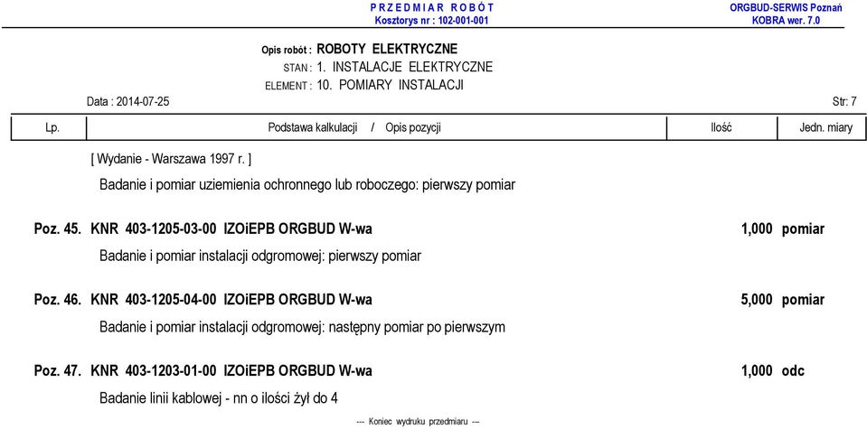 KNR 403-1205-03-00 IZOiEPB ORGBUD W-wa Badanie i pomiar instalacji odgromowej: pierwszy pomiar Poz. 46.