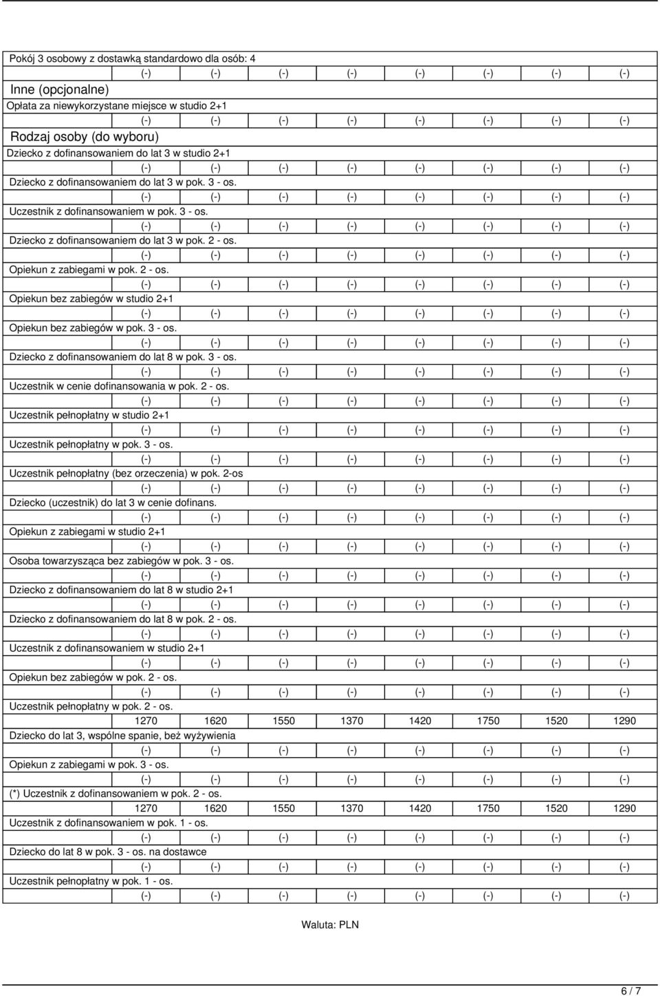 3 - os. Dziecko z dofinansowaniem do lat 8 w pok. 3 - os. Uczestnik w cenie dofinansowania w pok. 2 - os. Uczestnik pełnopłatny w studio 2+1 Uczestnik pełnopłatny w pok. 3 - os. Uczestnik pełnopłatny (bez orzeczenia) w pok.